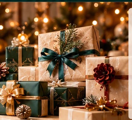 Seasonal wrapped gifts and holiday lights